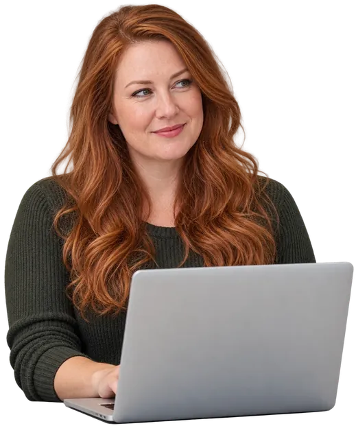 Woman at her laptop looking to the side